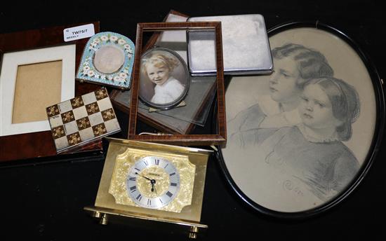 A gilt-metal and micromosaic small photograph frame, five other frames, various and sundries,